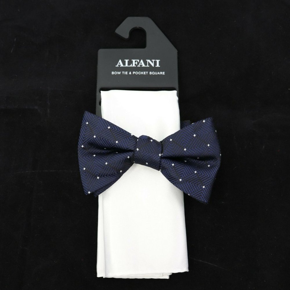 Alfani‎ Solid Textured Pre-Tied Grid Navy Bow Dot Tie & White Pocket Square Set